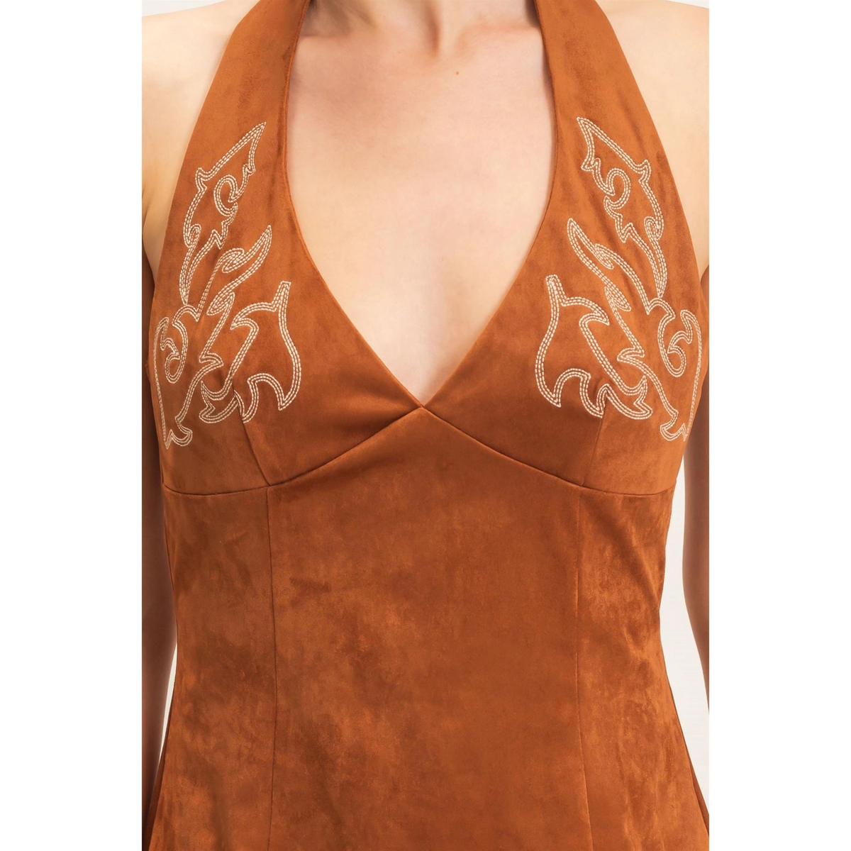 SUEDE V-NECK HALTER DRESS