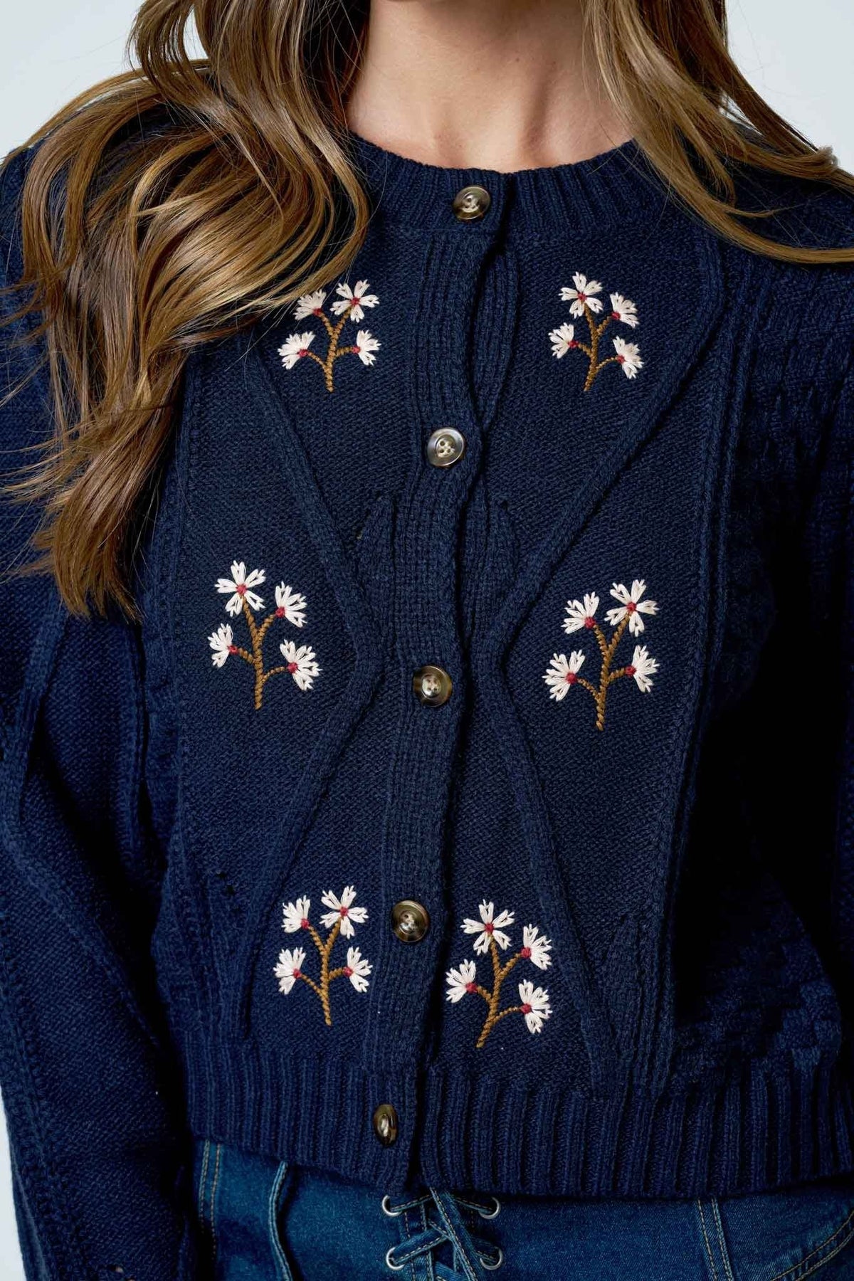 FLORAL EMBROIDERED CABLE KNIT CARDIGAN