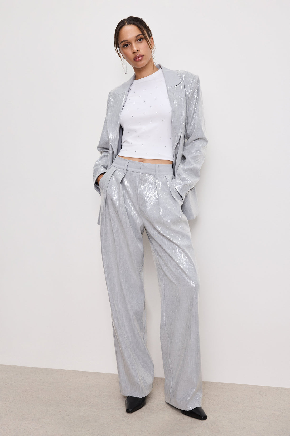 SEQUIN OVERSIZED BLAZER | HEATHER GREY001