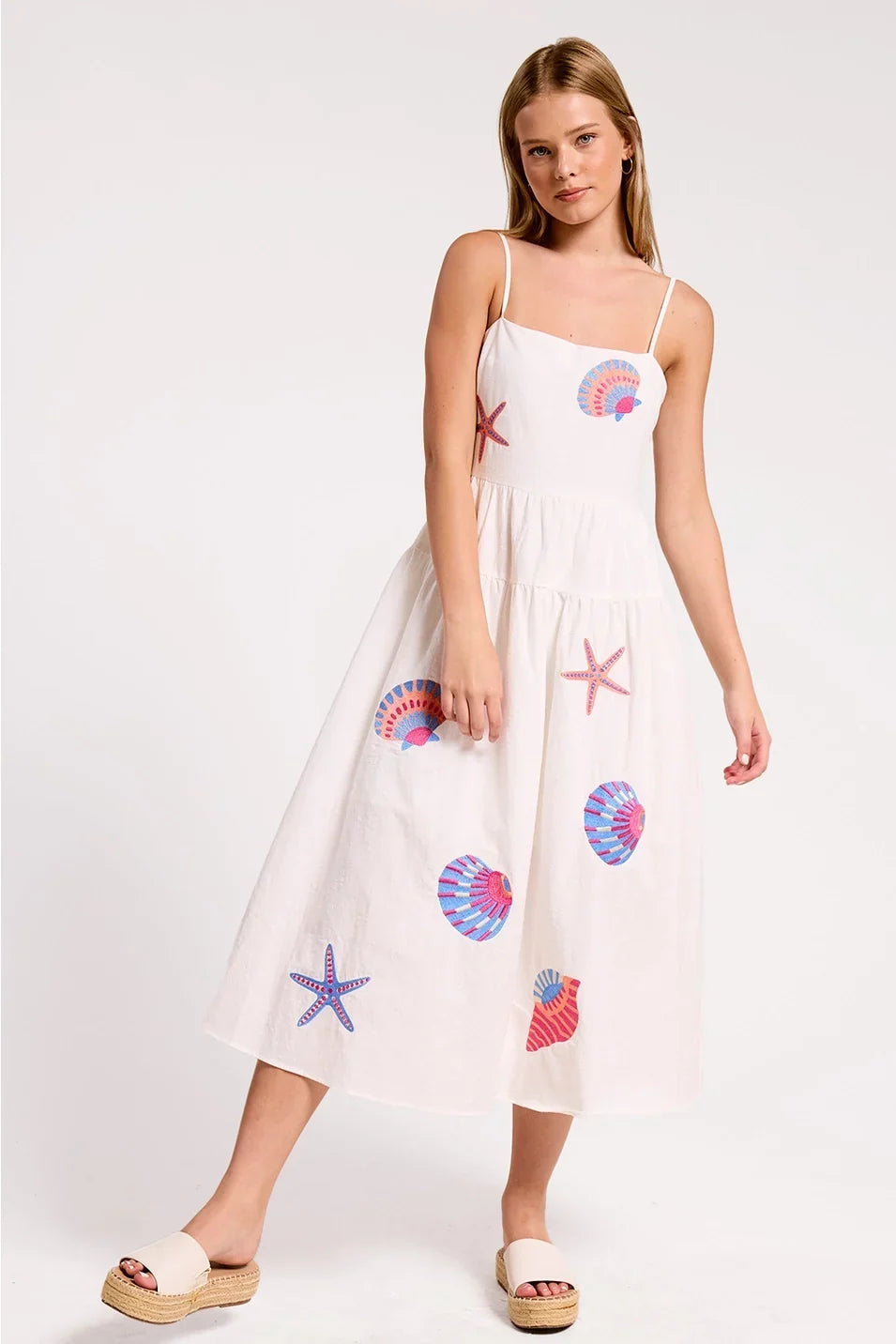 MARINE SHELL EMBROIDERED APPLIQUE MIDI DRESS