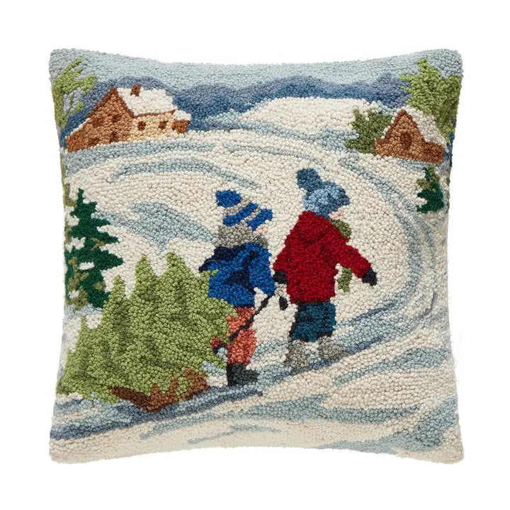 Children and Christmas Tree Wool Hook Pillow
