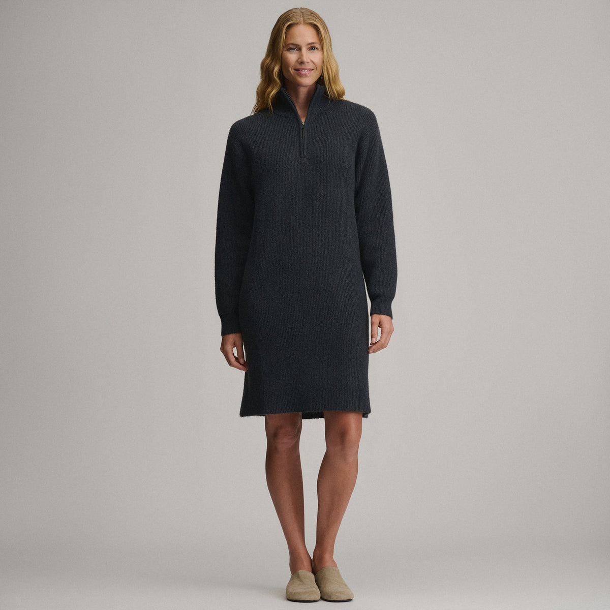 Women's Long-Sleeve Ribbed Zip Mock Sweater Dress