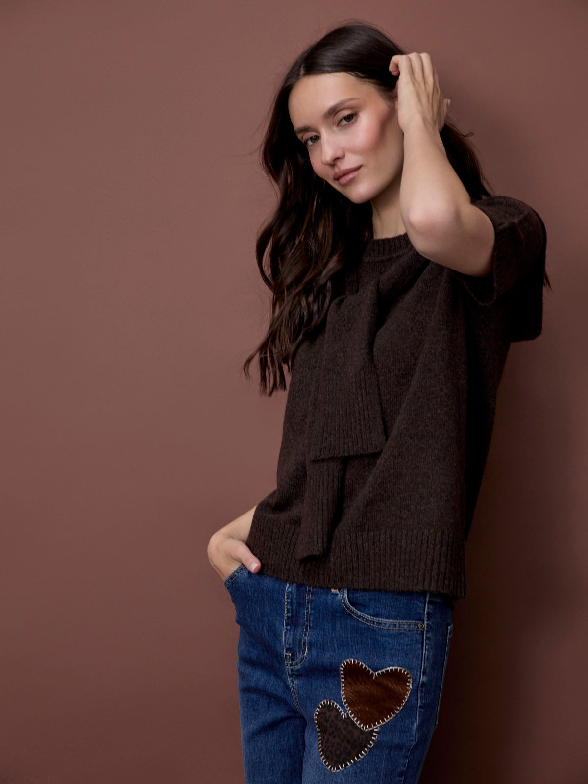 Short Sleeve Sweater With Sleeve Detail - Coffee