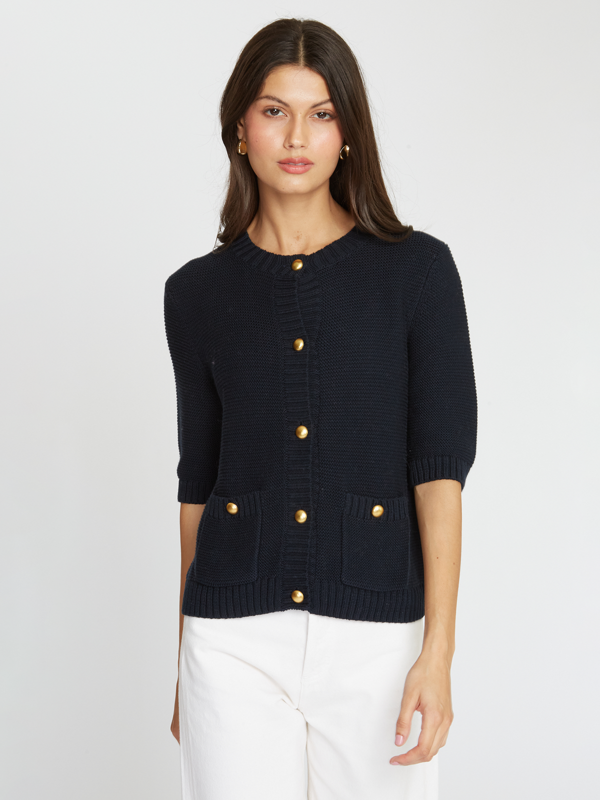 Button Front Elbow Sleeve Jacket W/ Pockets in Navy