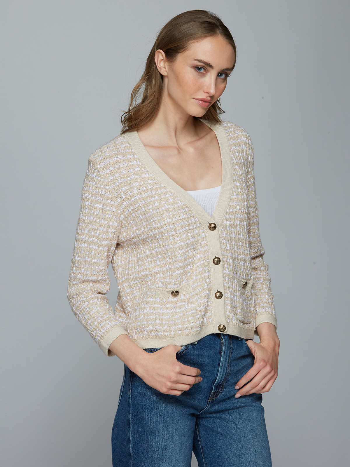 Cropped Texture Stitch V-Neck Jacket in Natural Combo