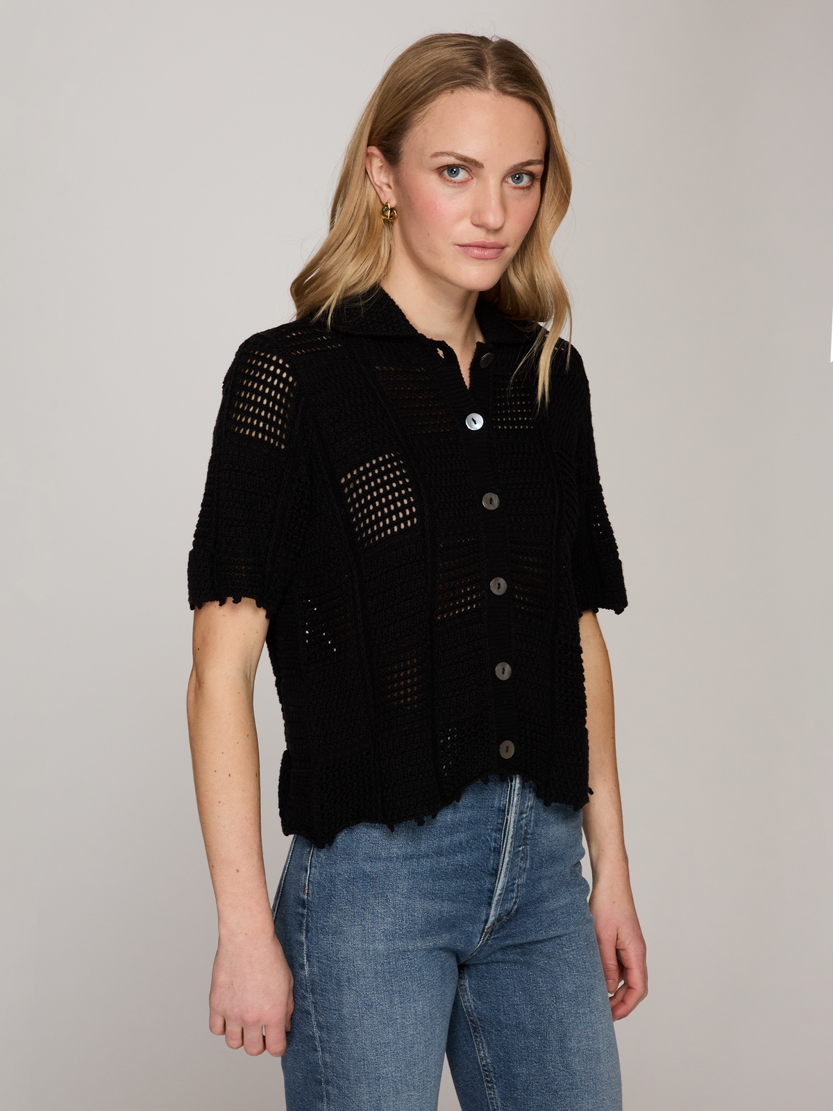 Button Up Patchwork Stitch Shirt in Black