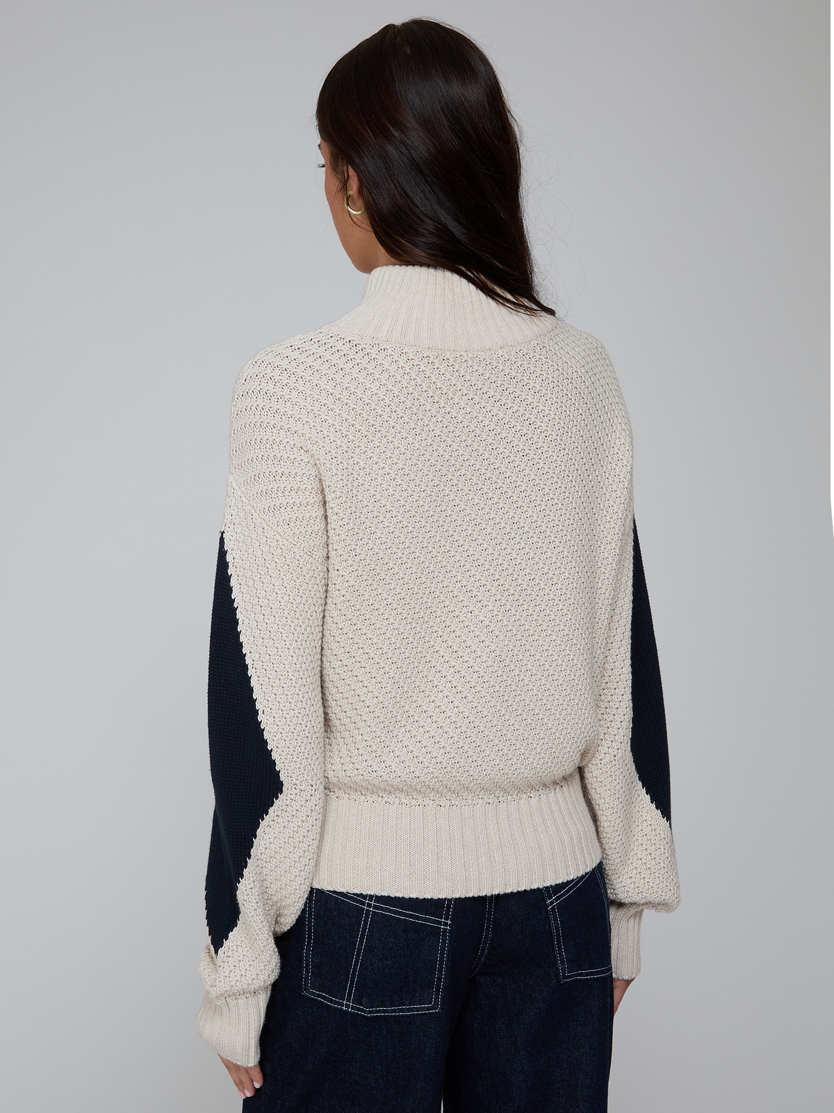 Diamond Mock Neck Zip Up in Natural/Navy Blue