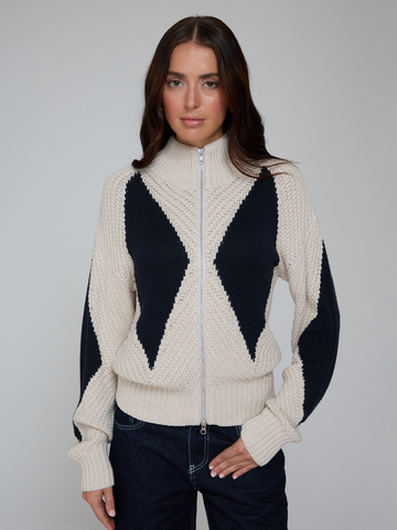 Diamond Mock Neck Zip Up in Natural/Navy Blue