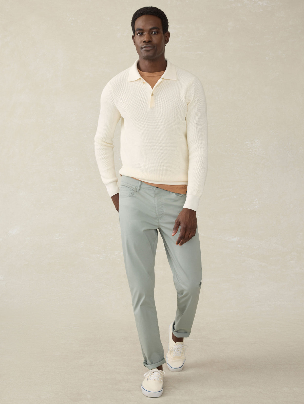 Long-Sleeve Sunwashed Sweater Polo - White Shell