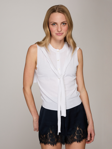 Sleeveless Button Front Vest w/ Tie Sleeves in White