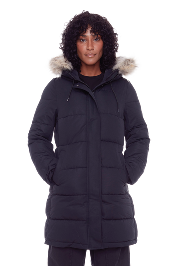 AULAVIK | WOMEN'S VEGAN DOWN (RECYCLED) MID-LENGTH HOODED PARKA COAT, BLACK