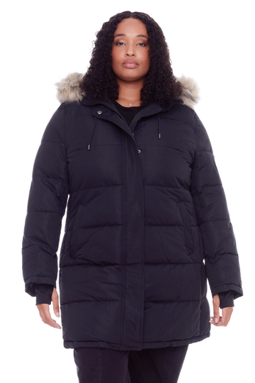 AULAVIK PLUS | WOMEN'S VEGAN DOWN (RECYCLED) MID-LENGTH HOODED PARKA COAT, BLACK (PLUS SIZE)