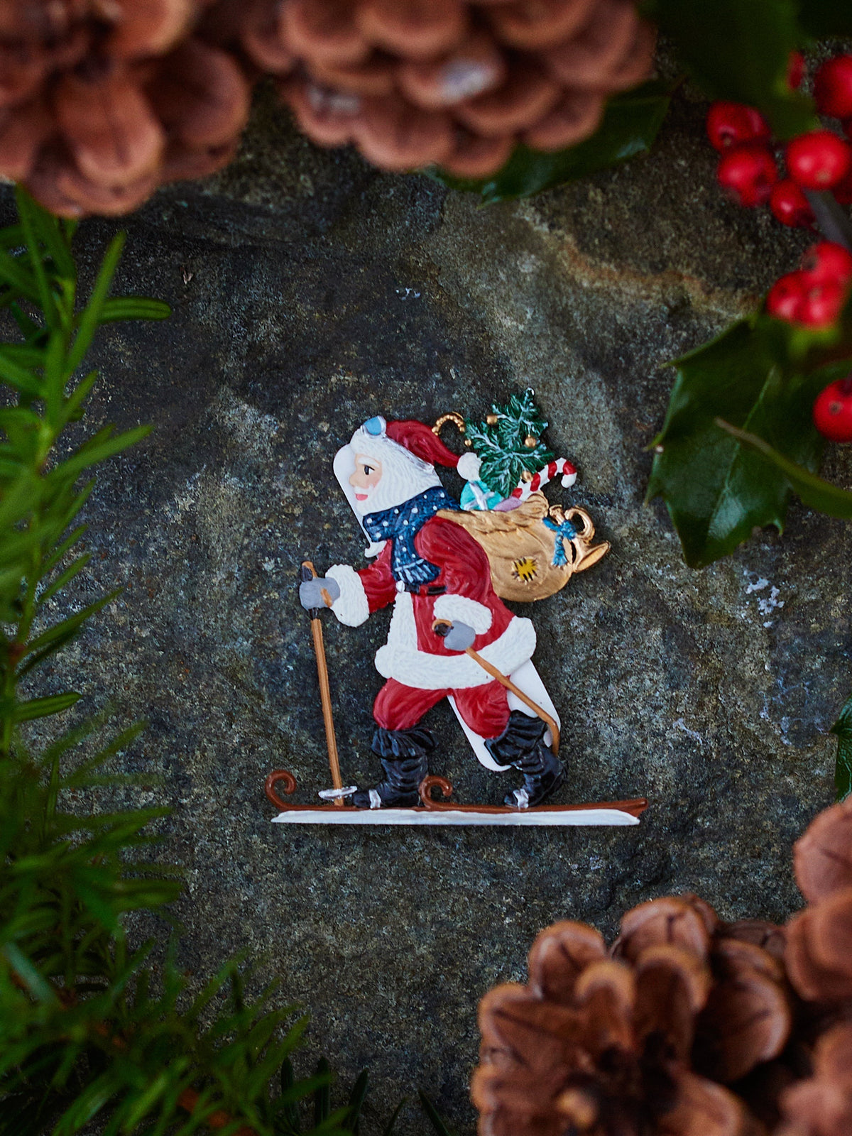 Wilhelm Schweizer Pewter Santa Hitting the Slopes Ornament