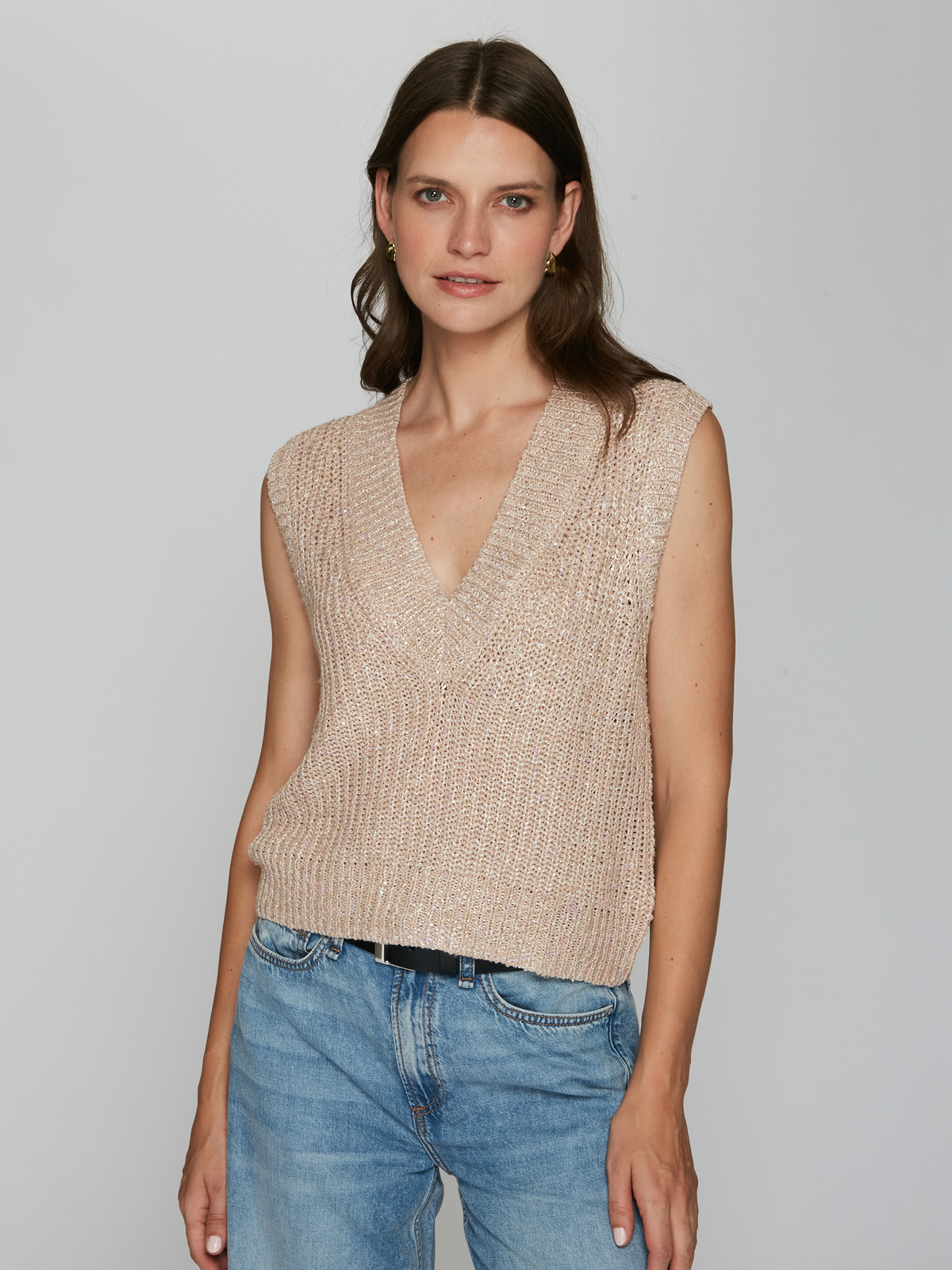 Sequin Boxy Shaker Vest in Granola