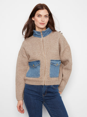 Denim Detail Sweater Jacket - Heather Sand