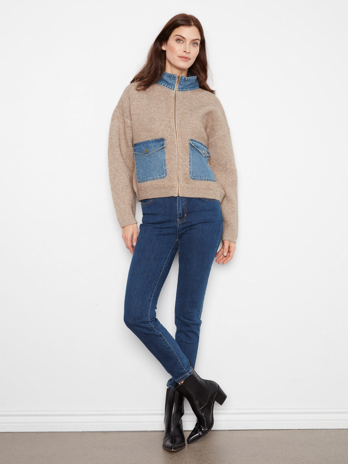 Denim Detail Sweater Jacket - Heather Sand