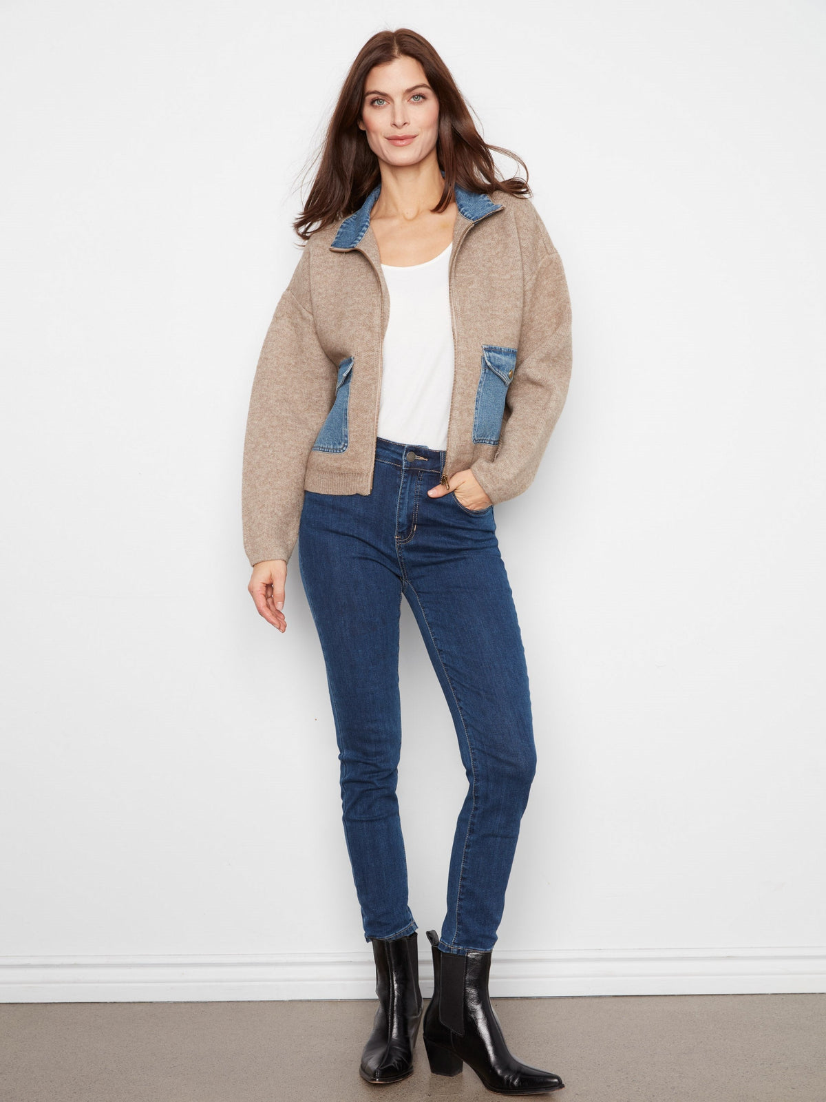 Denim Detail Sweater Jacket - Heather Sand