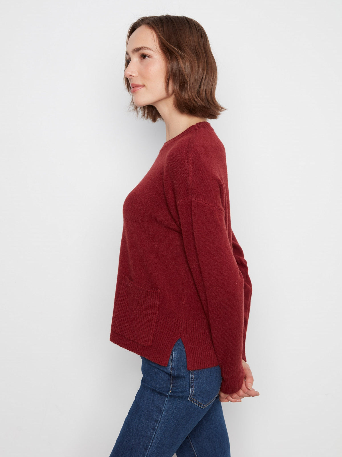 Patch Pocket Crew Neck Sweater - Merlot