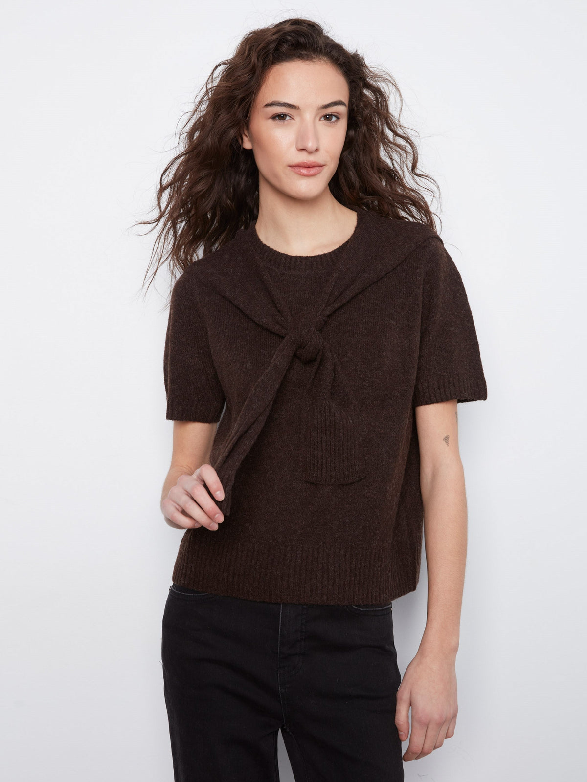 Short Sleeve Sweater With Sleeve Detail - Coffee