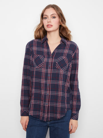 Soft Plaid Button-Front Blouse - Midnight