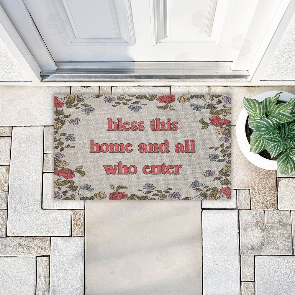 Stupell Studio | Retro Bless This Home Florals Faux Sisal Door Mat
