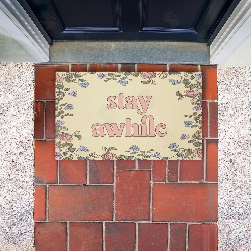 Stupell Studio | Stay Awhile with Floral Border Non-Woven Door Mat