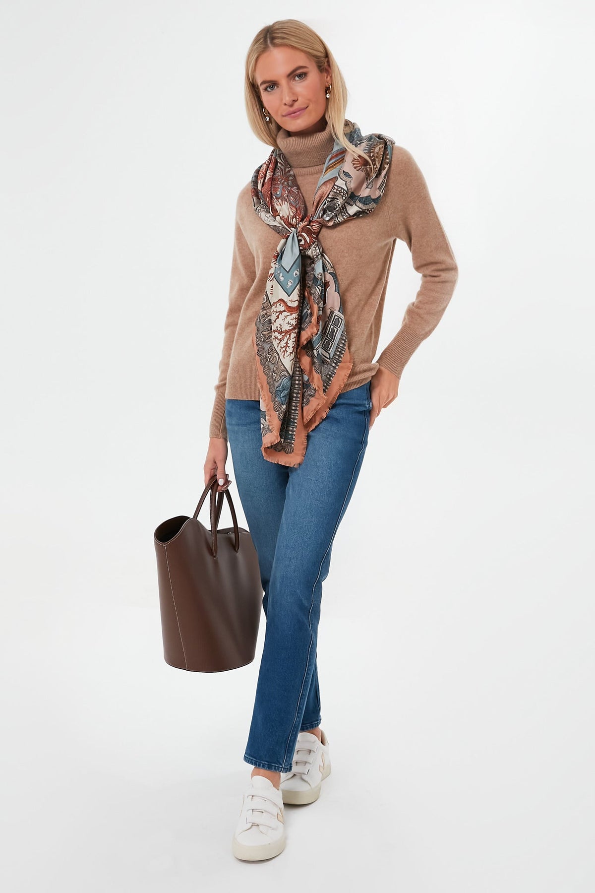 Camel Heather Ribbed Trim Cashmere Turtleneck